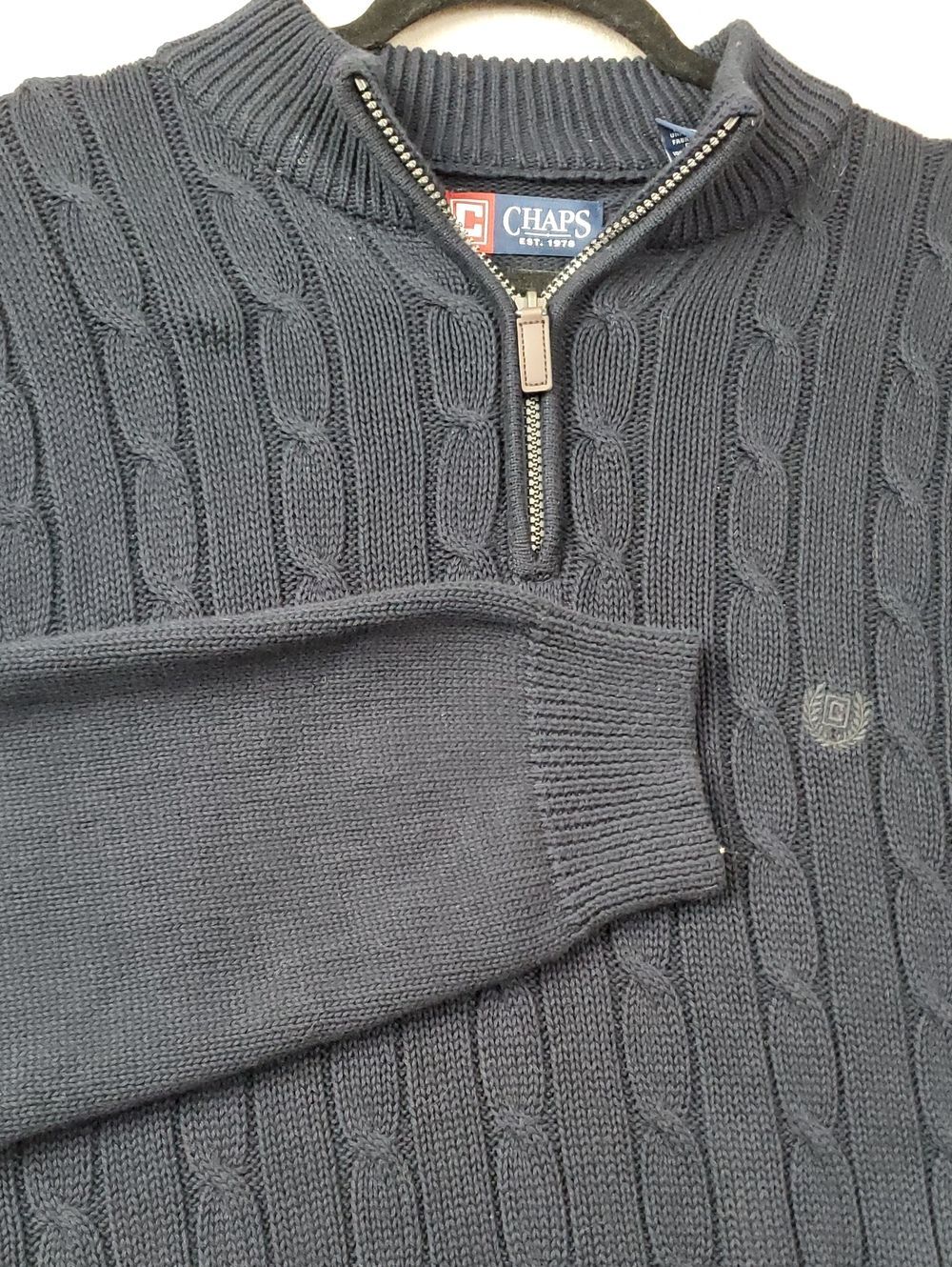 Chaps Men XL Navy Blue Cotton Cable Knit 1/4 Zip Pullover Mid Vintage Sweater